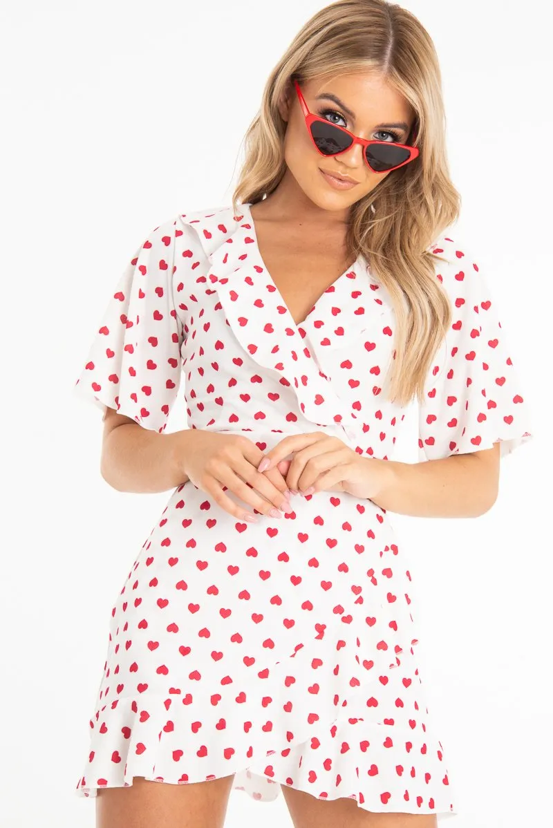White Heart Print Plunge Ruffle Detail Mini Dress - Nicolle sold by Rebellious Fashion product image thumbnail 5