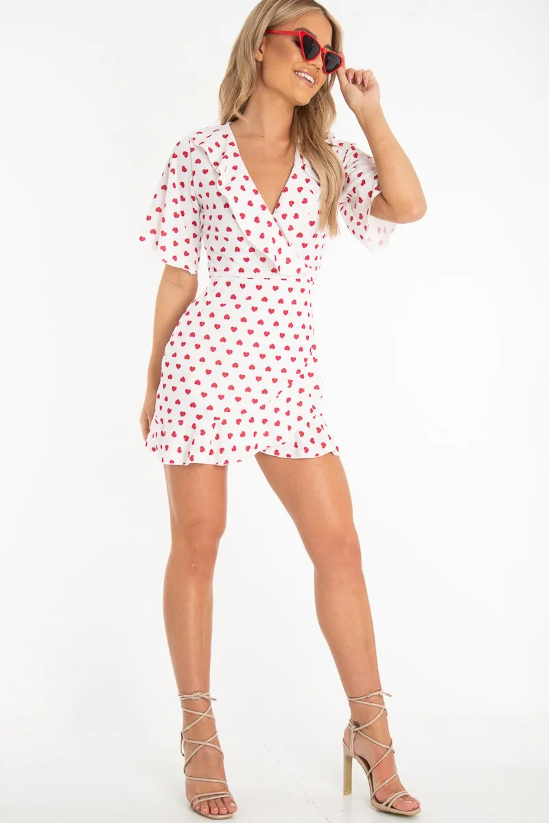 White Heart Print Plunge Ruffle Detail Mini Dress - Nicolle sold by Rebellious Fashion product image thumbnail 4