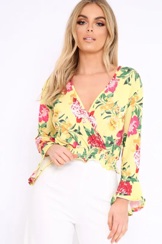 Yellow Floral Plunge Gypsy Crop Top - Tiegan sold by Rebellious Fashion
