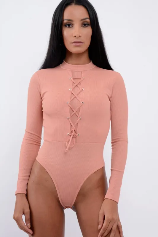 Rose Lace Up Ribbed Bodysuit - Jasmina sold by Rebellious Fashion