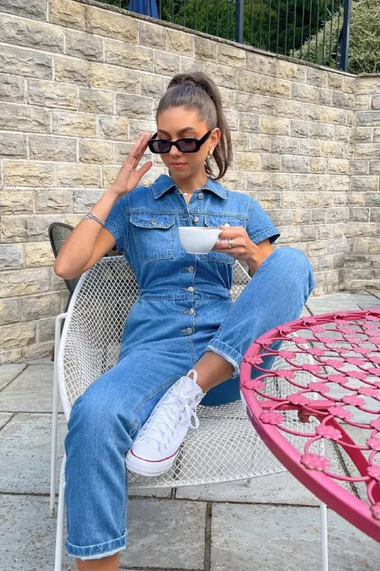 Blue Denim Button Front Boiler Jumpsuit - Kashia sold by Rebellious Fashion