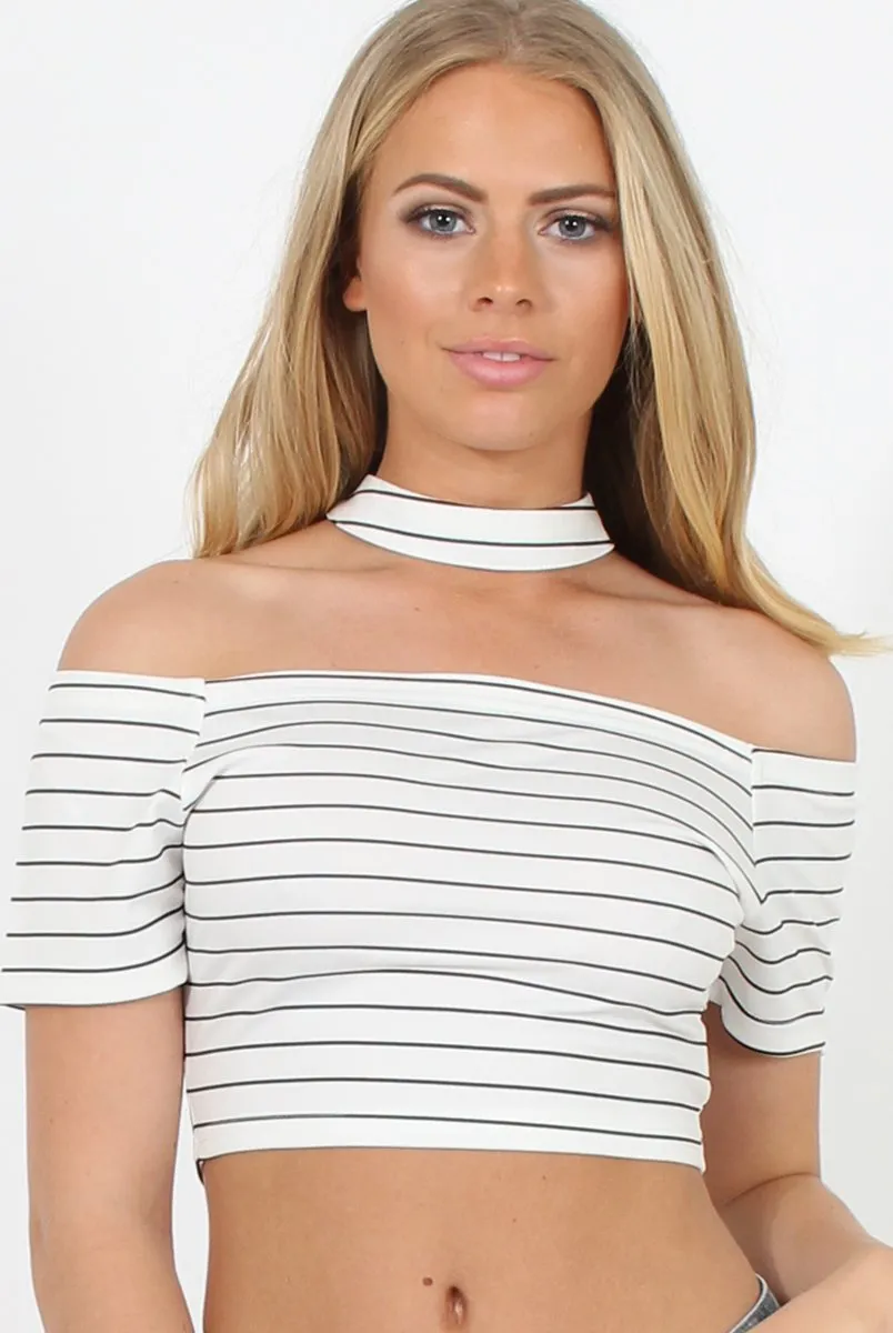 White & Black Striper Chocker Crop Top - Kassidy sold by Rebellious Fashion