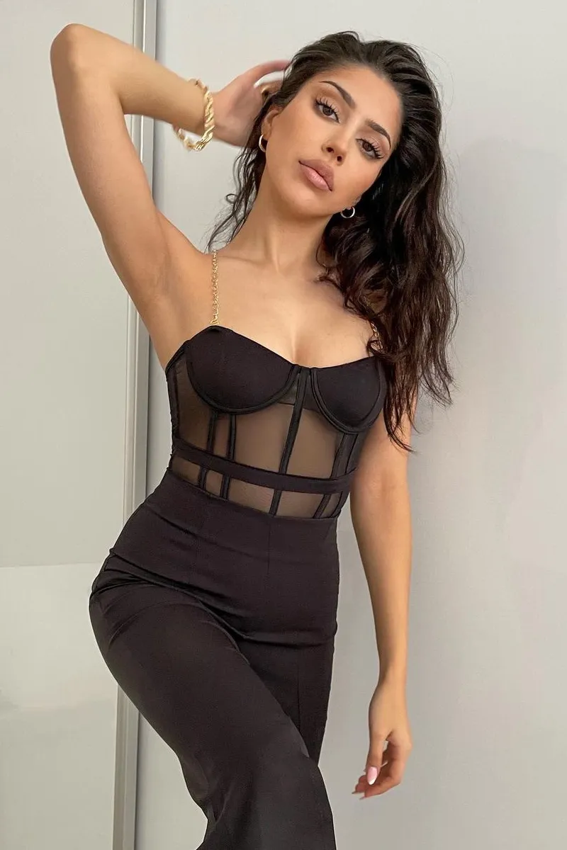 Black Chain Straps Mesh Cut Out Bodysuit - Aari sold by Rebellious Fashion product image thumbnail 2