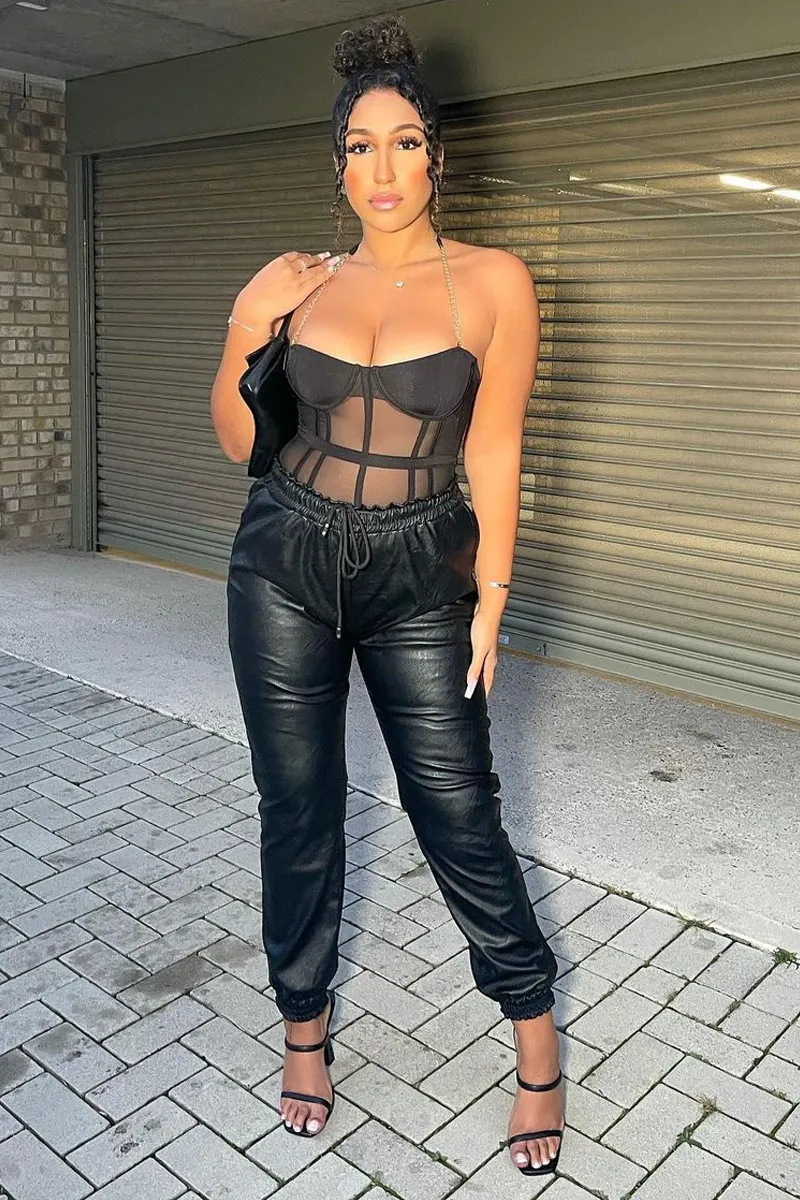 Black Chain Straps Mesh Cut Out Bodysuit - Aari sold by Rebellious Fashion product image thumbnail 4