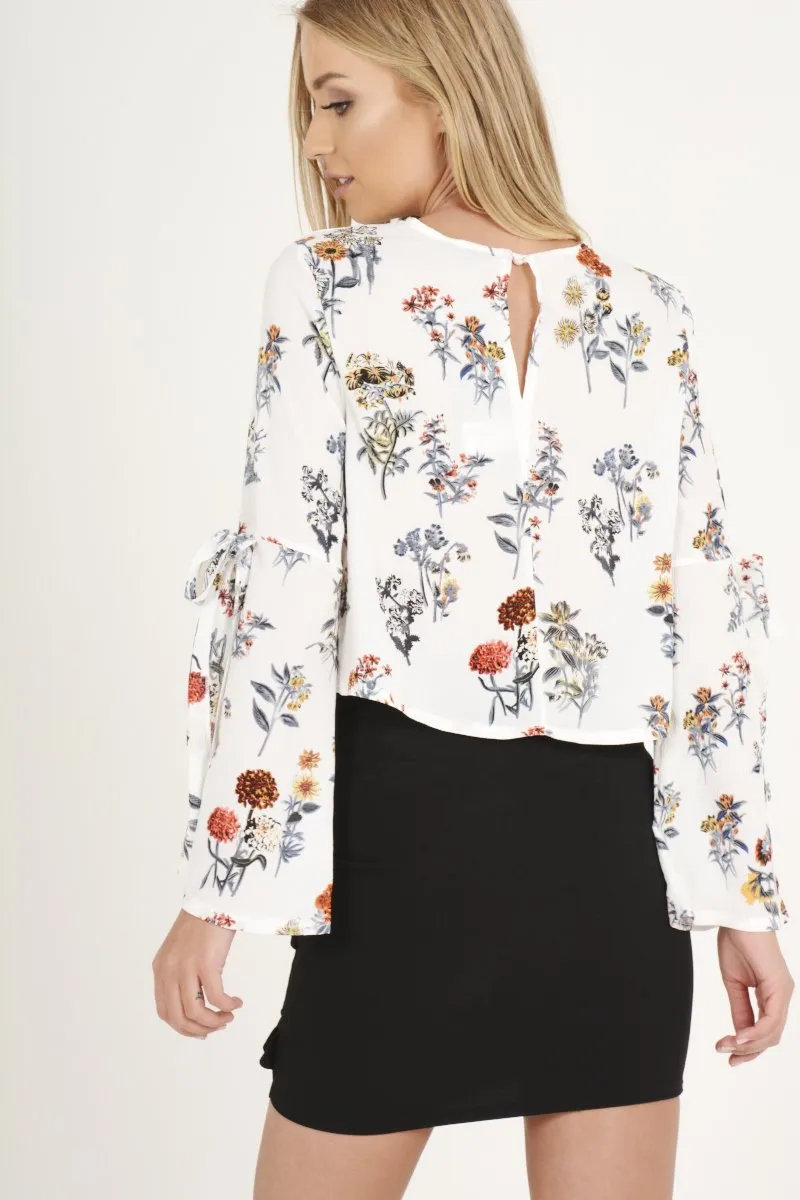 White Floral Tie Bell Sleeve Top - Gemma sold by Rebellious Fashion product image thumbnail 4