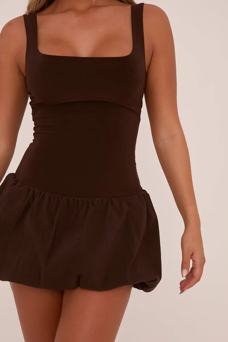 Brown Scoop Neck Puffball Mini Dress - Alyssa sold by Rebellious Fashion product image thumbnail 3