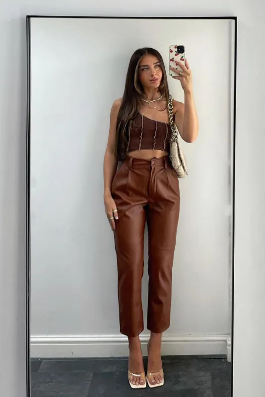 Brown Rib One Sleeve Crop Top - Zaniah sold by Rebellious Fashion