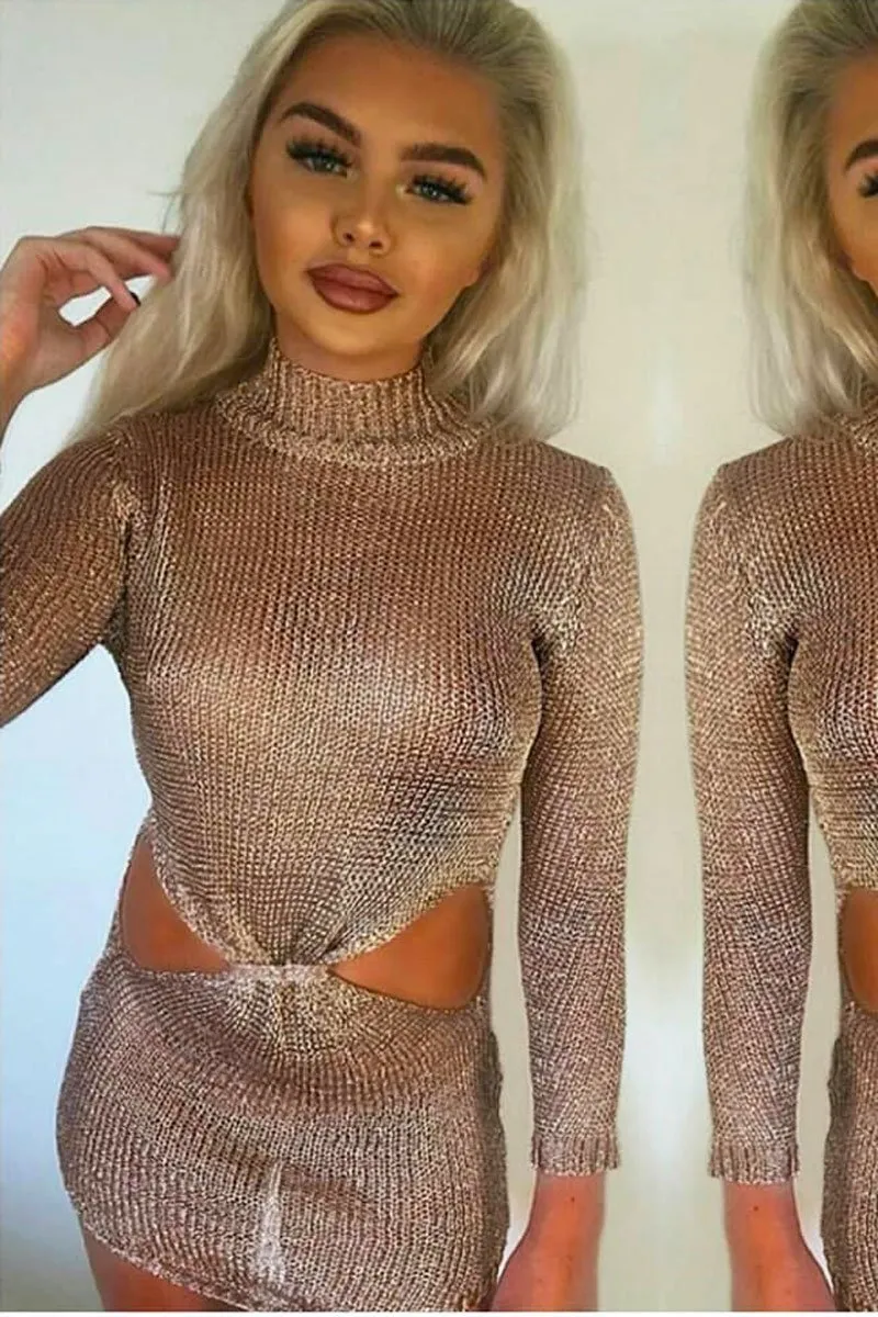 Rose Gold Metallic Knitted Cut Out Gathered Front Dress - Idah sold by Rebellious Fashion product image thumbnail 5