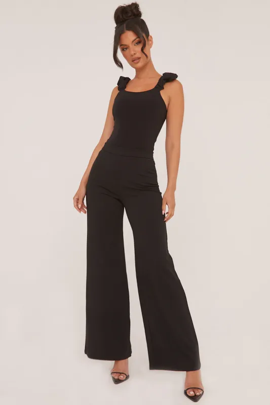 Black Frill Straps Square Neck Bodysuit - Olivia sold by Rebellious Fashion