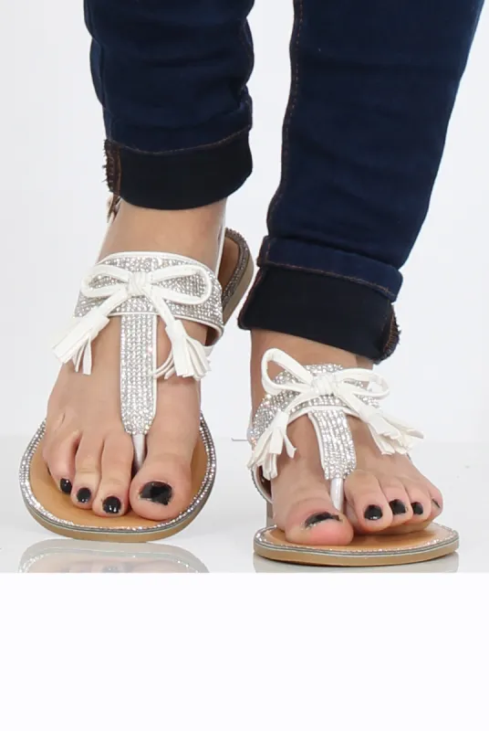 White Diamante Bow Detail Sandals- Tereza sold by Rebellious Fashion
