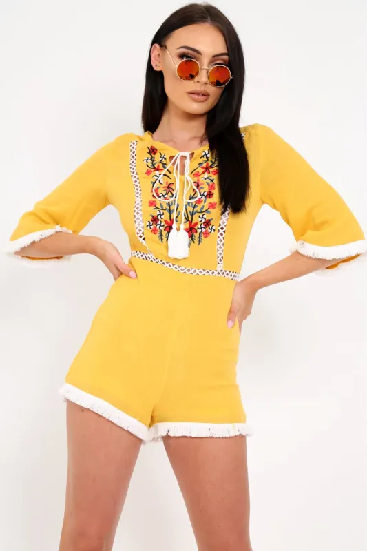 Yellow Embroided Frill Hem Playsuit - Novia sold by Rebellious Fashion