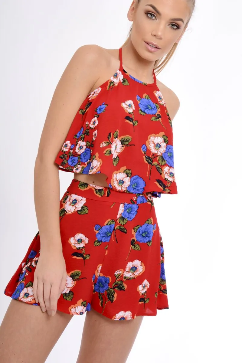 Red Floral Halterneck Crop Top - Kamisha sold by Rebellious Fashion product image thumbnail 2