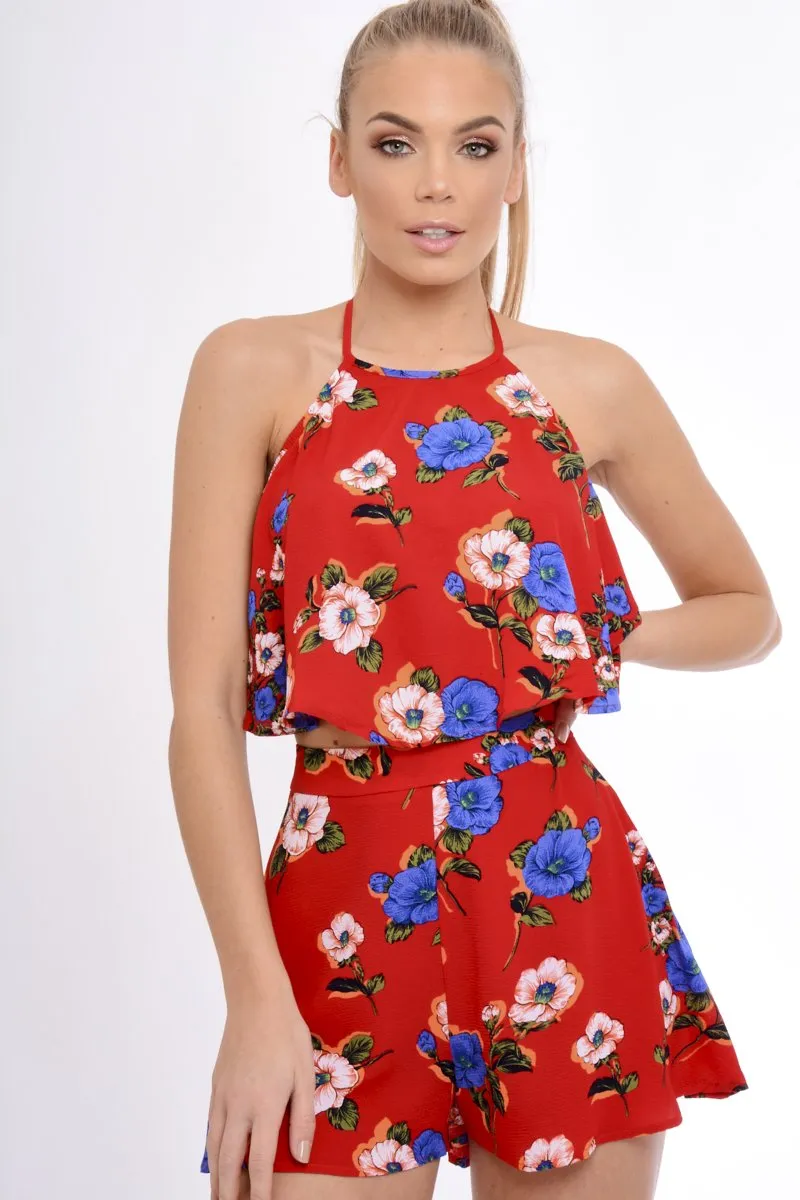 Red Floral Halterneck Crop Top - Kamisha sold by Rebellious Fashion