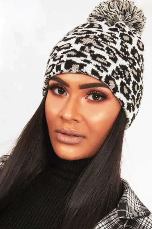 White Leopard Knit Pom Pom Hat - Kela sold by Rebellious Fashion