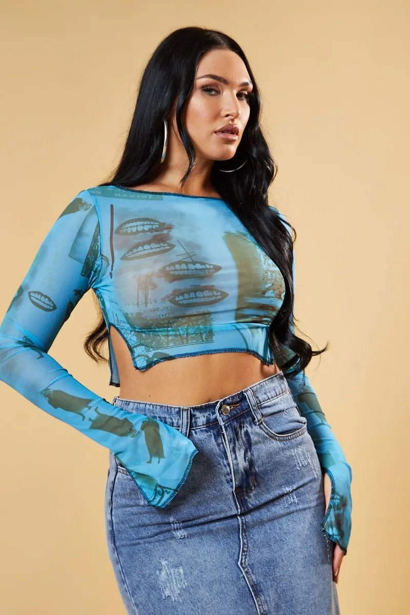 Blue Abstract Print Mesh Cropped Top - Cucu sold by Rebellious Fashion product image thumbnail 2