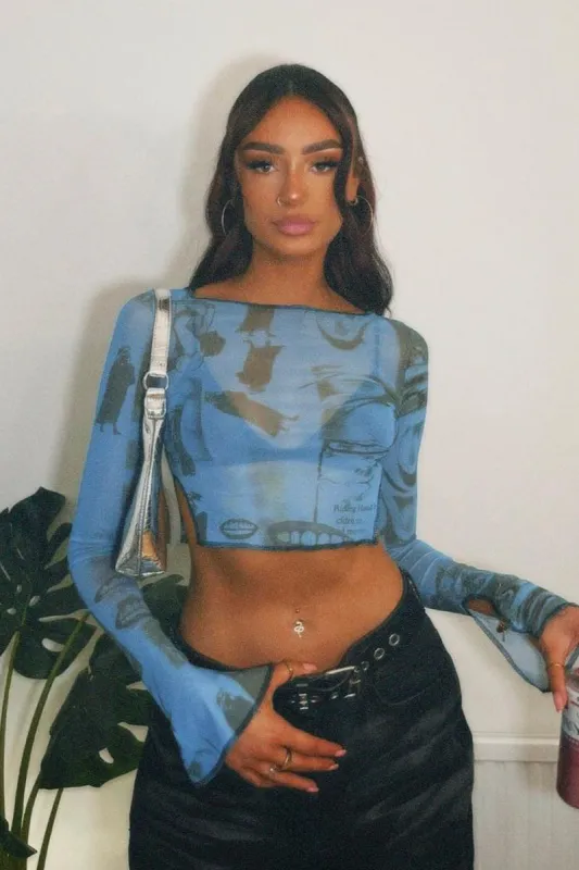 Blue Abstract Print Mesh Cropped Top - Cucu sold by Rebellious Fashion