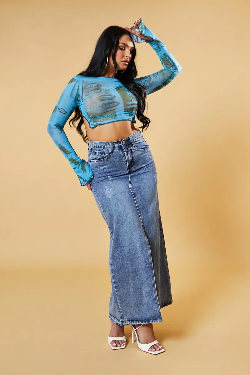Blue Abstract Print Mesh Cropped Top - Cucu sold by Rebellious Fashion product image thumbnail 3