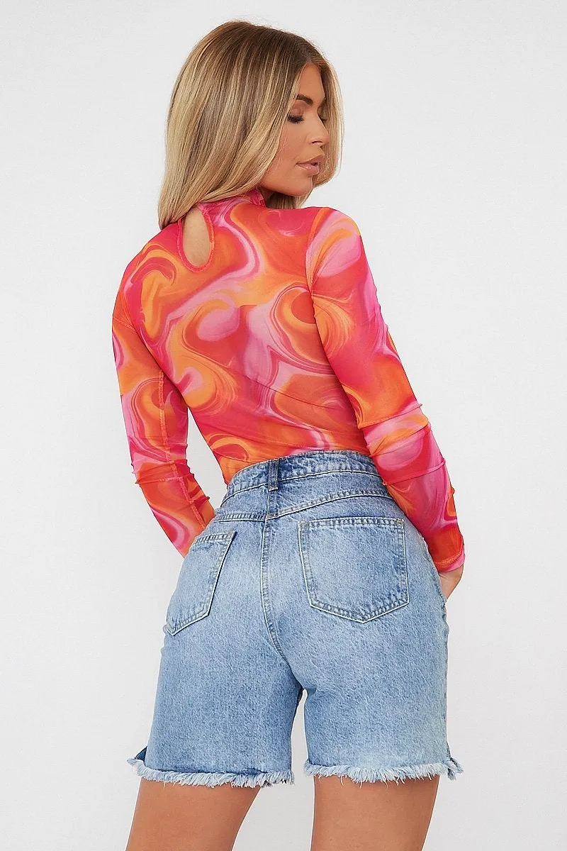 Hot Pink Abstract Print High Neck Bodysuit - Verity sold by Rebellious Fashion product image thumbnail 5
