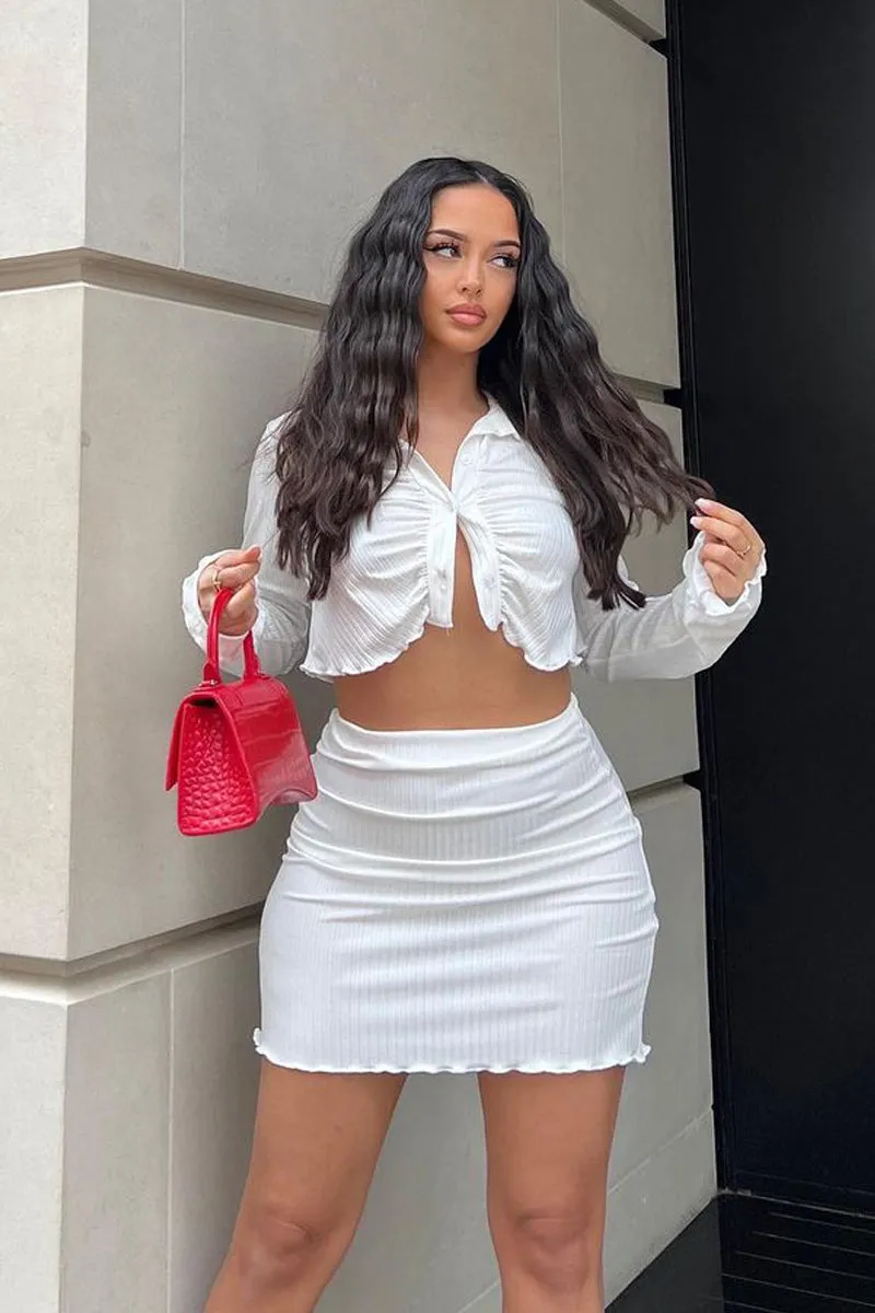 White Rib Button Up Crop Top & Mini Skirt Set - Neha sold by Rebellious Fashion product image thumbnail 2