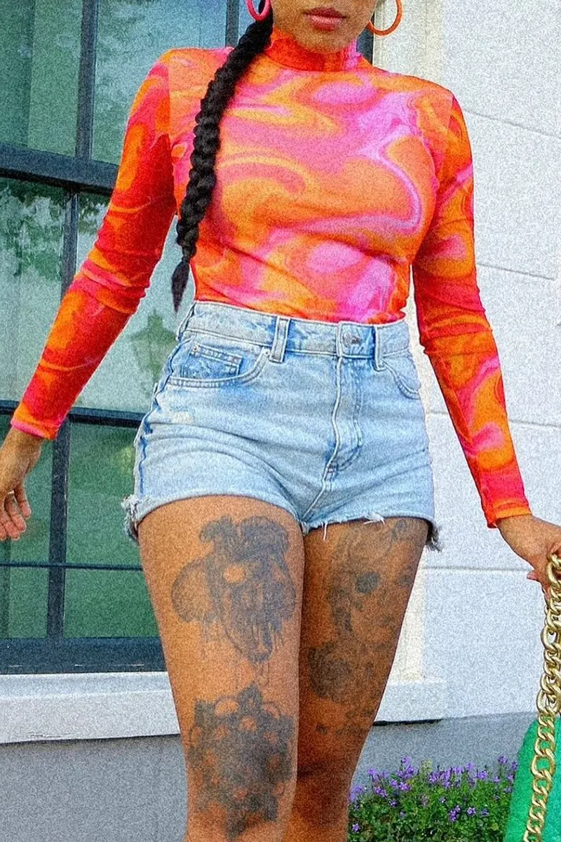 Hot Pink Abstract Print High Neck Bodysuit - Verity sold by Rebellious Fashion product image thumbnail 2