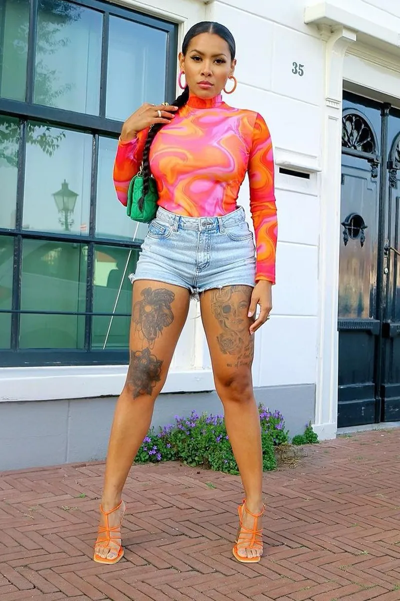 Hot Pink Abstract Print High Neck Bodysuit - Verity sold by Rebellious Fashion