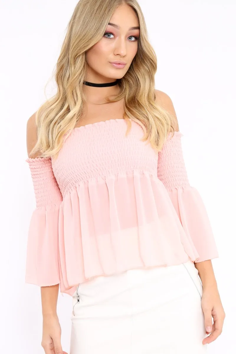 Pink Shirred Chiffon Bardot Top - Libbie sold by Rebellious Fashion