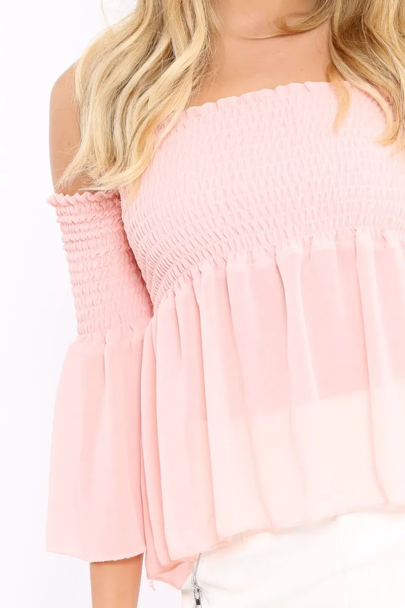 Pink Shirred Chiffon Bardot Top - Libbie sold by Rebellious Fashion product image thumbnail 4