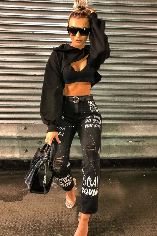 Washed Black Slogan Ripped Knee Mom Jeans - Carla sold by Rebellious Fashion