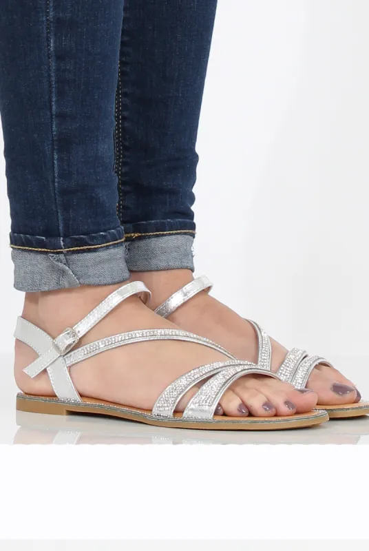Silver Diamante Open Toe Sandals - Margret sold by Rebellious Fashion