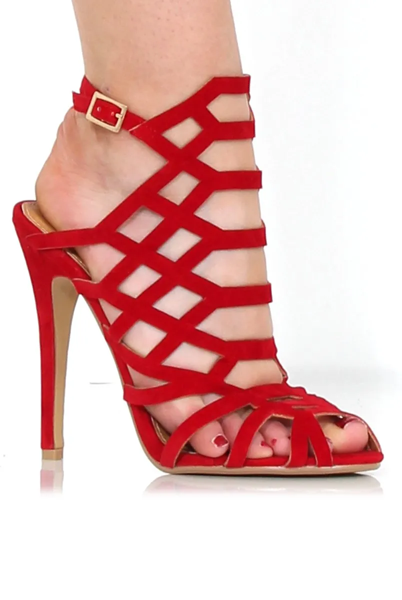 Merci Red Suede Caged Heels sold by Rebellious Fashion