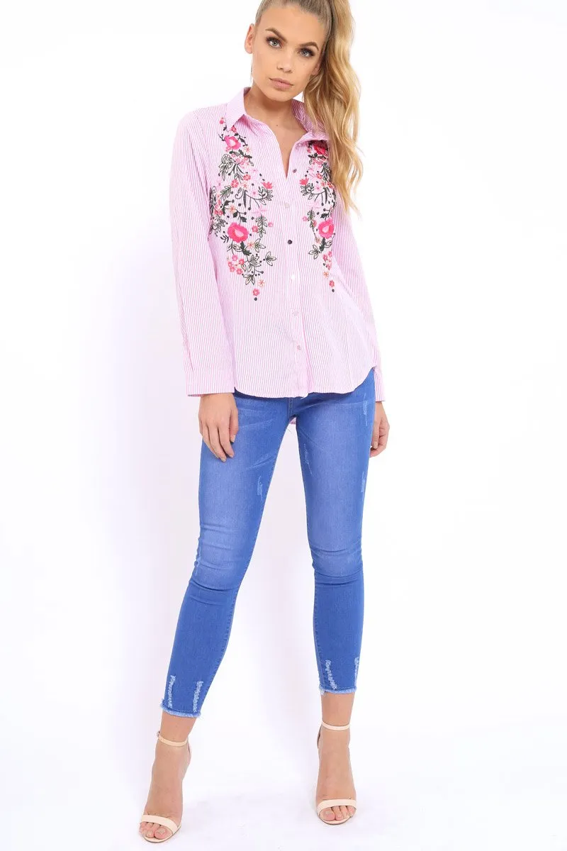 Pink Striped Floral Embroidered Shirt - Gianna sold by Rebellious Fashion product image thumbnail 5