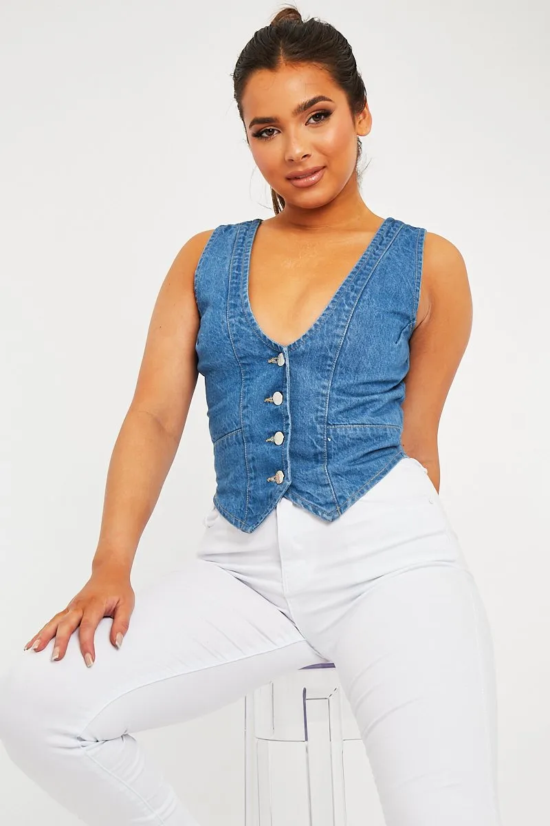 Mid Blue Denim Waistcoat - Kenda sold by Rebellious Fashion product image thumbnail 2