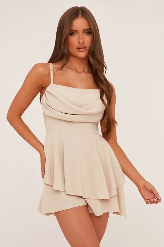 Beige Cowl Neck Tiered Playsuit - Arden made by Rebellious Fashion