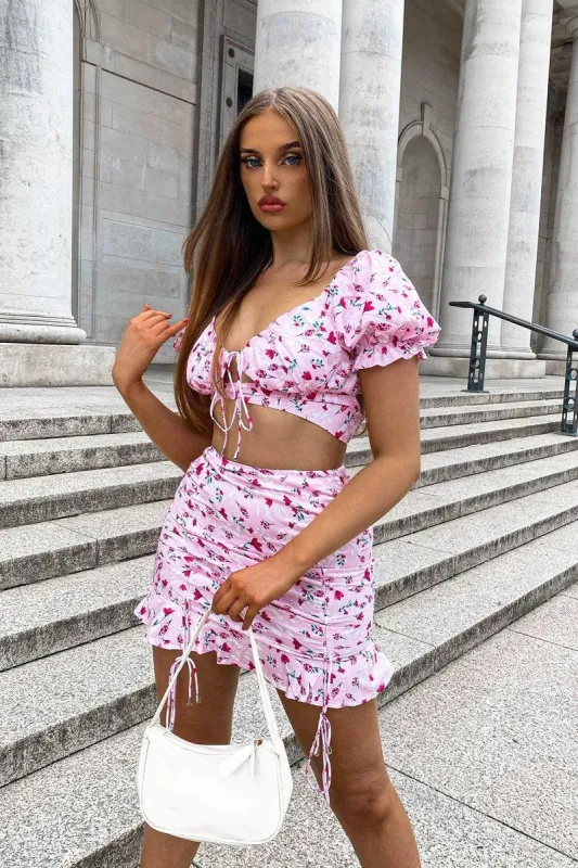 Pink Floral Print Crop Top + Frill Skirt Set - Abryana sold by Rebellious Fashion