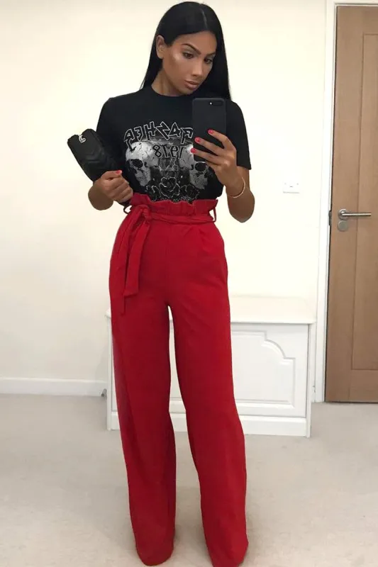 Red Paper Bag Tie Waist Wide Leg Trousers - Kennedy sold by Rebellious Fashion