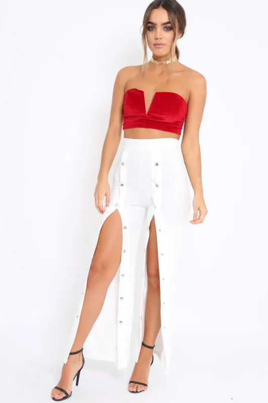 White High Waist Flare Trousers with Popper detail -Tamy sold by Rebellious Fashion