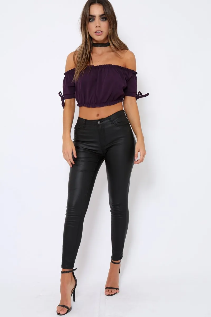 Purple Ruched Bardot Gypsy Crop Top - Janette sold by Rebellious Fashion product image thumbnail 2