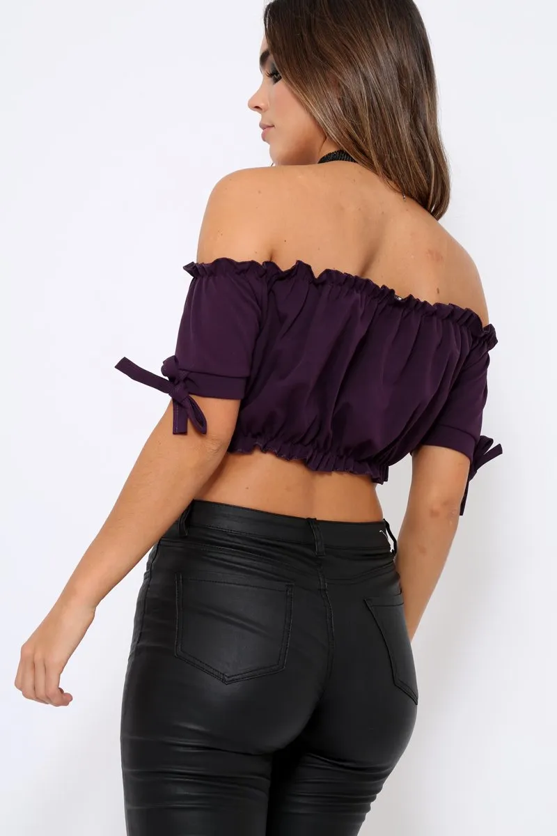 Purple Ruched Bardot Gypsy Crop Top - Janette sold by Rebellious Fashion product image thumbnail 4