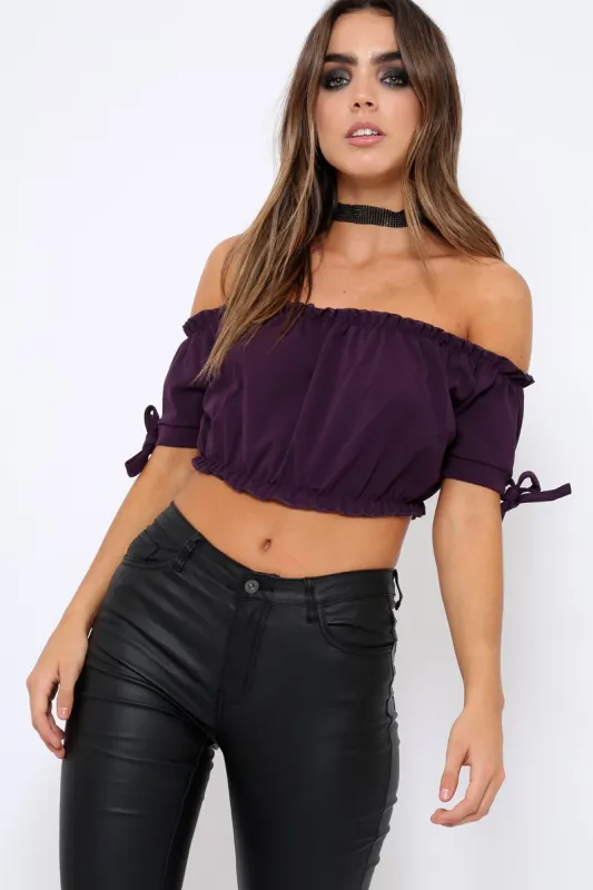 Purple Ruched Bardot Gypsy Crop Top - Janette sold by Rebellious Fashion