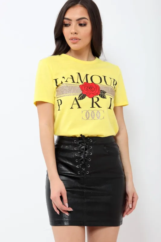 Yellow L'amour Paris Rose Slogan T-shirt - Marissa sold by Rebellious Fashion