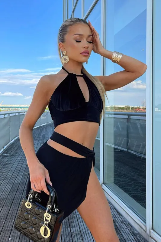 Black Velvet Halter Neck Crop Top - Astra sold by Rebellious Fashion