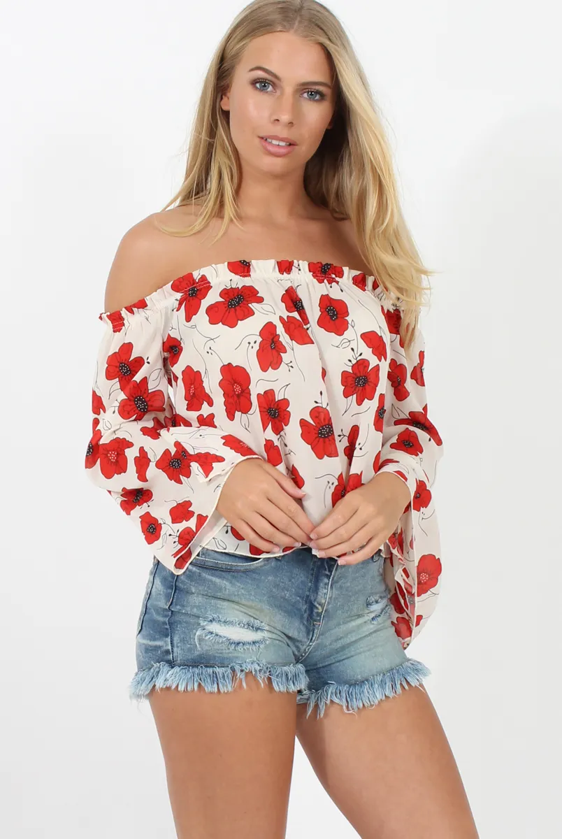 White and Red Floral Bardot Three Quarter Bell Sleeve Crop- Chantelle sold by Rebellious Fashion product image thumbnail 2