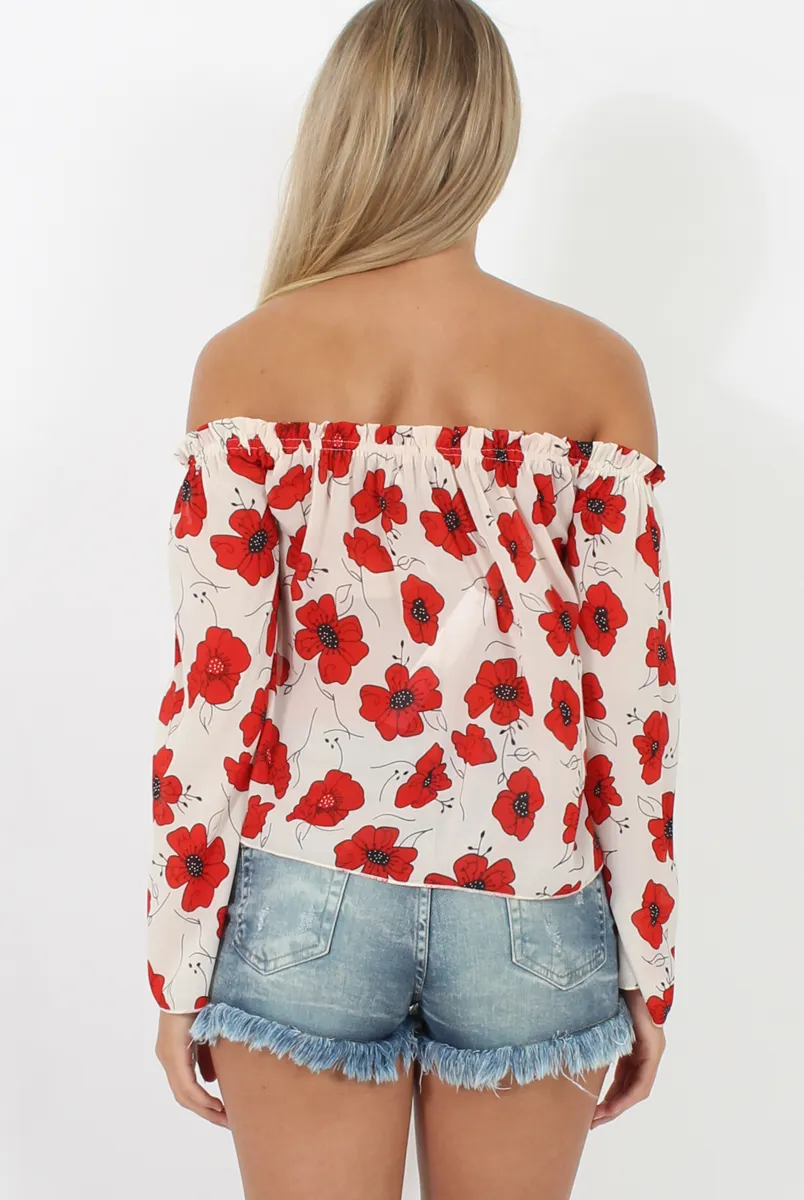 White and Red Floral Bardot Three Quarter Bell Sleeve Crop- Chantelle sold by Rebellious Fashion product image thumbnail 5
