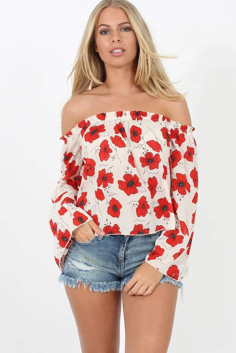 White and Red Floral Bardot Three Quarter Bell Sleeve Crop- Chantelle sold by Rebellious Fashion