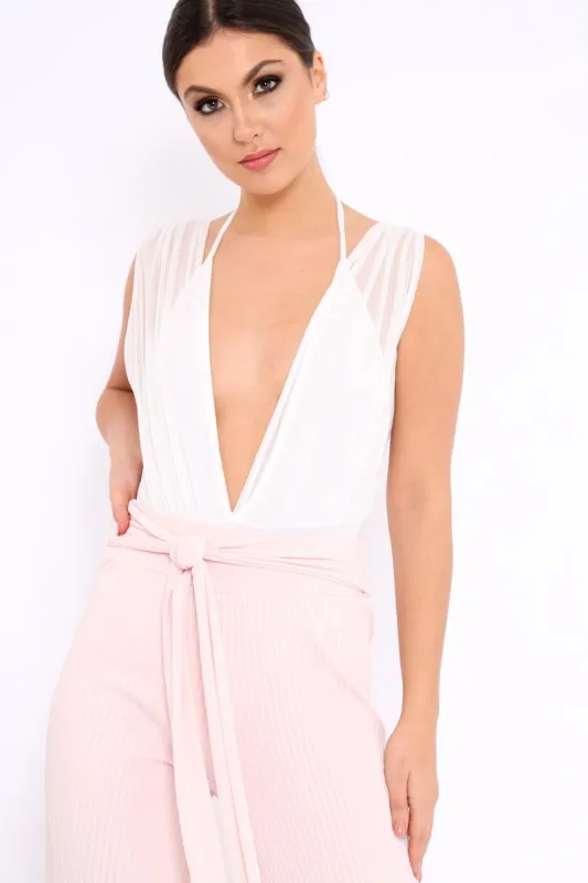 White Mesh V-Plunge Bodysuit - Malie sold by Rebellious Fashion