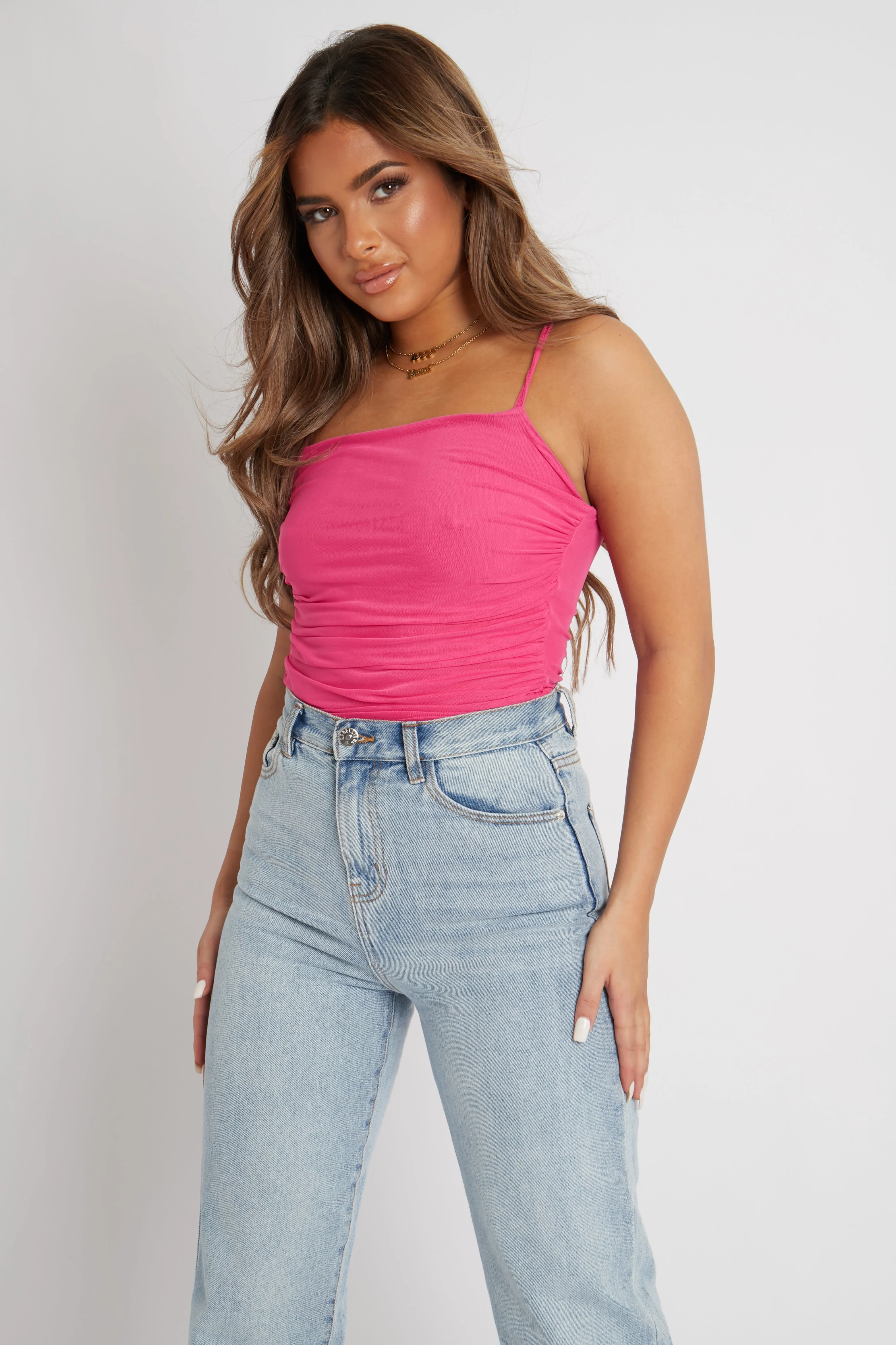 Pink Mesh Ruched Bodysuit - Myers sold by Rebellious Fashion product image thumbnail 2