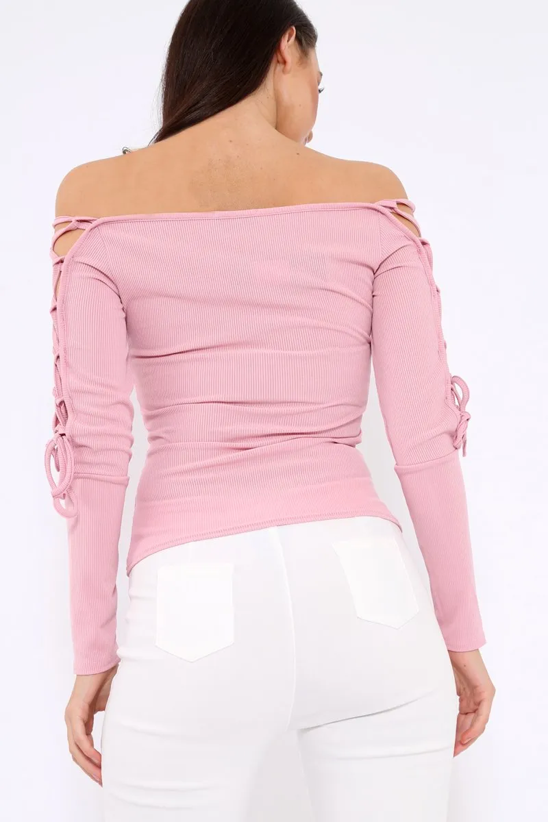Pink Ribbed Bardot Lace up Sleeve Top - Phoenix sold by Rebellious Fashion product image thumbnail 4