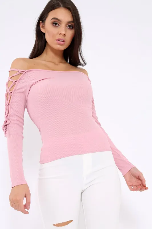Pink Ribbed Bardot Lace up Sleeve Top - Phoenix sold by Rebellious Fashion