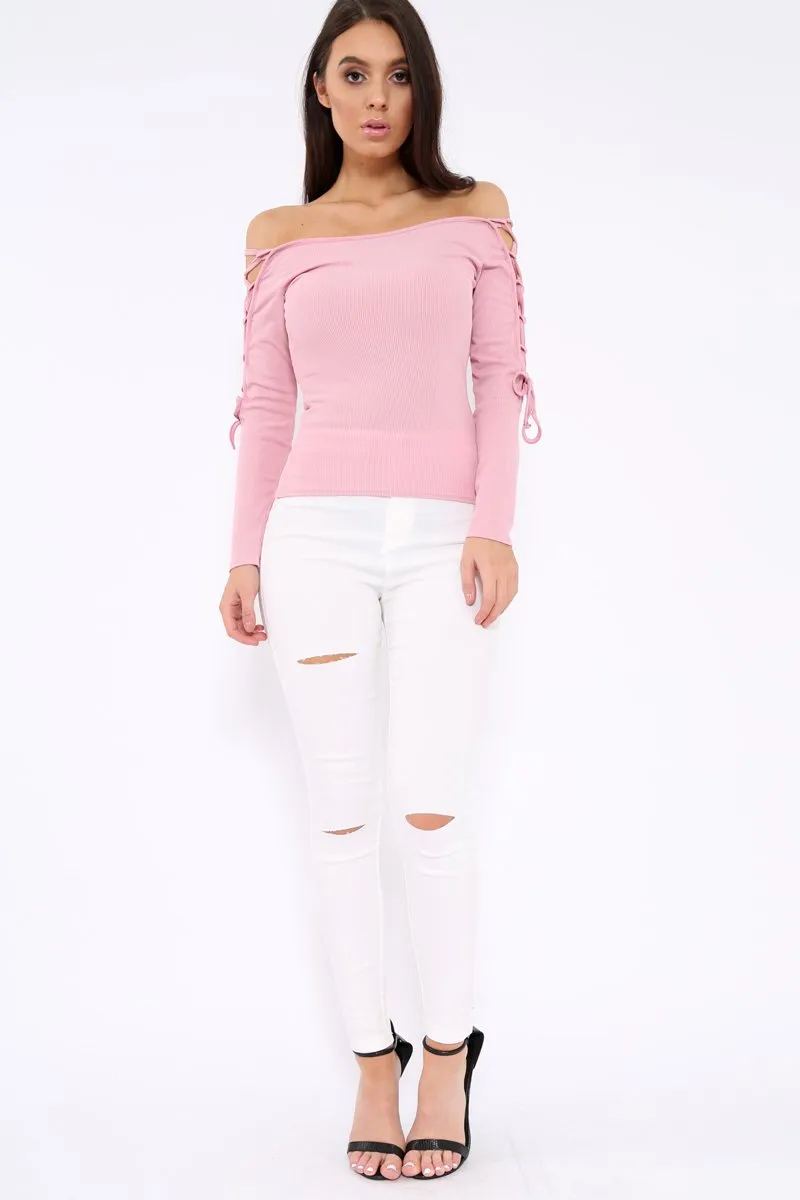 Pink Ribbed Bardot Lace up Sleeve Top - Phoenix sold by Rebellious Fashion product image thumbnail 2