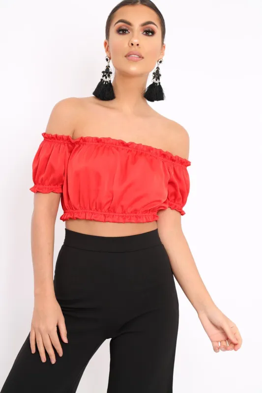 Red Satin Ruched Bardot Gypsy Crop Top - Becky sold by Rebellious Fashion